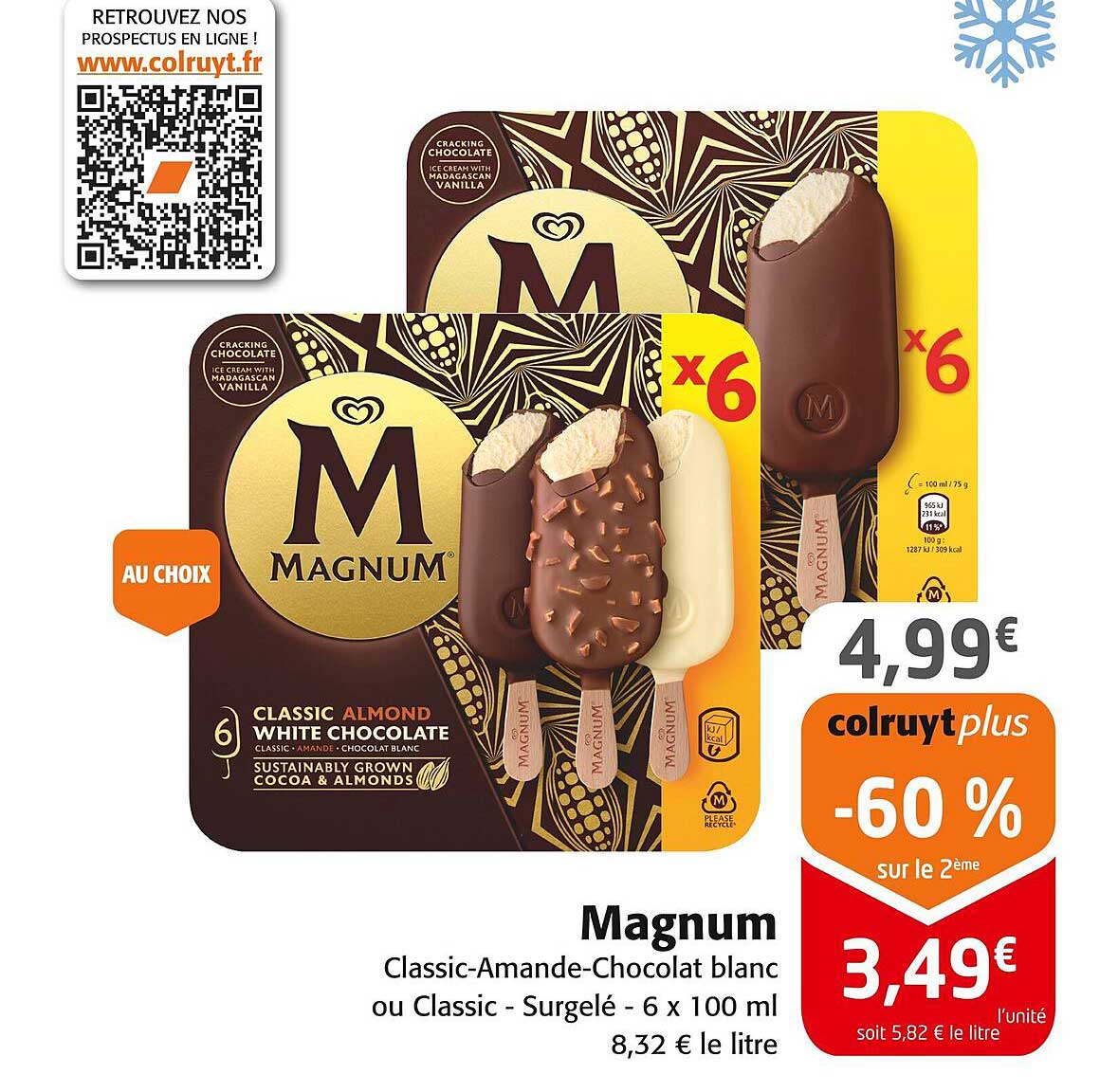 Magnum Classic-Amande-Chocolat blanc ou Classic - Surgelé - 6 x 100 ml