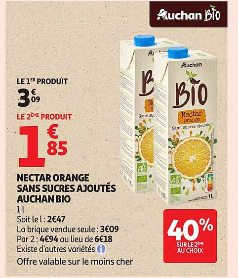 NECTAR ORANGE SANS SUCRES AJOUTÉS AUCHAN BIO