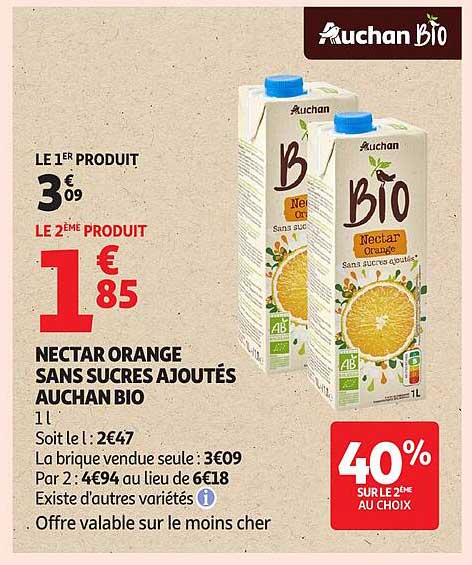 NECTAR ORANGE SANS SUCRES AJOUTÉS AUCHAN BIO