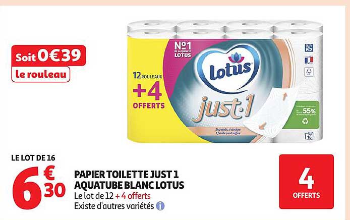 PAPIER TOILETTE JUST 1 AQUATUBE BLANC LOTUS