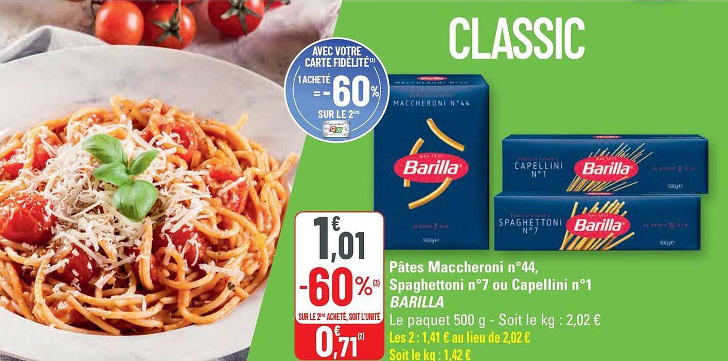 Pâtes Maccheroni n°44, Spaghettoni n°7 ou Capellini n°1 BARILLA