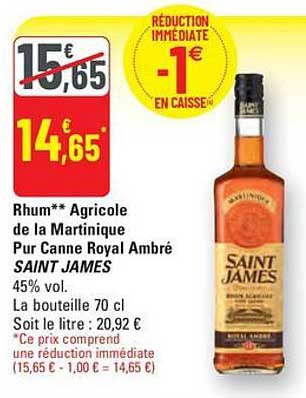 Rhum** Agricole de la Martinique Pur Canne Royal Ambré SAINT JAMES 45% vol.