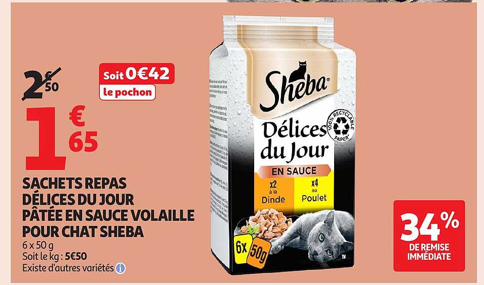 SACHETS REPAS DÉLICES DU JOUR PÂTÉE EN SAUCE VOLAILLE POUR CHAT SHEBA