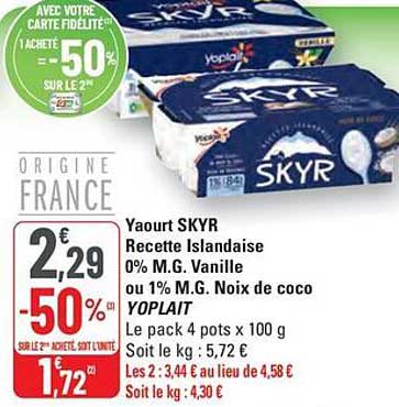 Yaourt SKYR Recette Islandaise 0% M.G. Vanille ou 1% M.G. Noix de coco YOPLAIT
