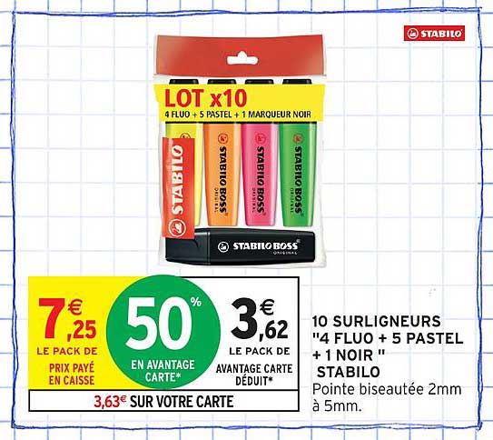 10 SURLIGNEURS "4 FLUO + 5 PASTEL + 1 NOIR " STABILO