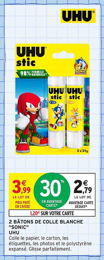 2 bâtons de colle blanche "SONIC" UHU