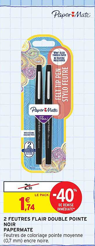 2 FEUTRES FLAIR DOUBLE POINTE NOIRE PAPERMATE