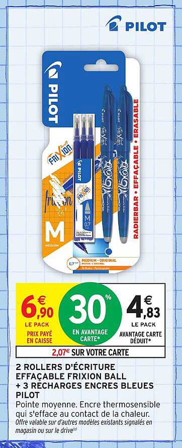 2 ROLLERS D'ÉCRITURE EFFACABLE FRIXION BALL + 3 RECHARGES ENCRES BLEUES PILOT