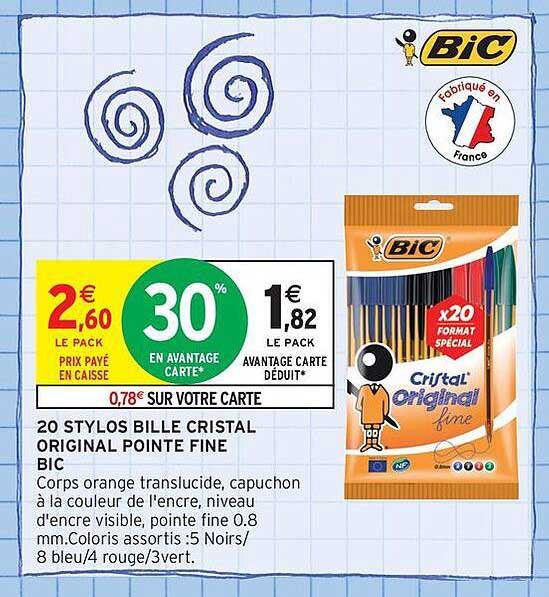 20 STYLOS BILLE CRISTAL ORIGINAL POINTE FINE BIC