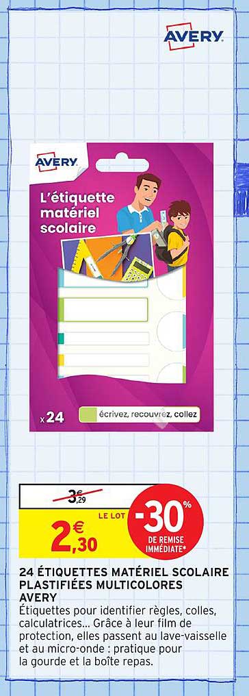 24 ÉTIQUETTES MATÉRIEL SCOLAIRE PLASTIFIÉES MULTICOLORES AVERY