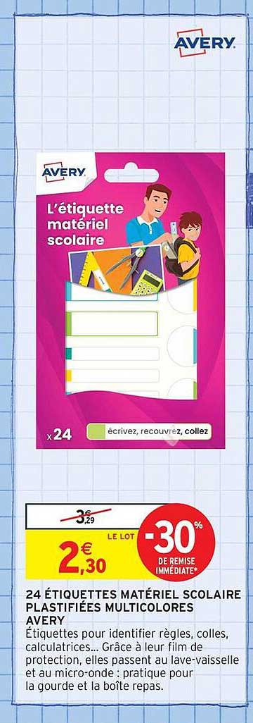24 ÉTIQUETTES MATÉRIEL SCOLAIRE PLASTIFIÉES MULTICOLORES AVERY