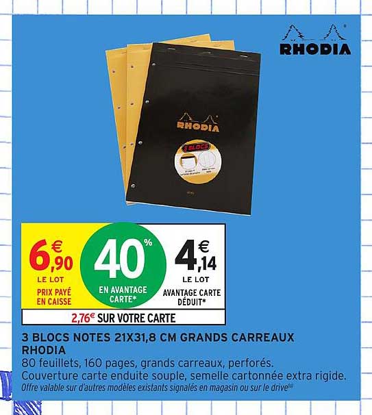 3 BLOCS NOTES 21X31,8 CM GRANDS CARREAUX RHODIA