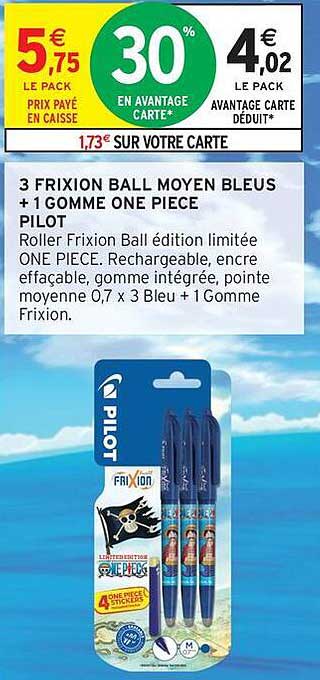 3 FRIXION BALL MOYEN BLEUS + 1 GOMME ONE PIECE PILOT