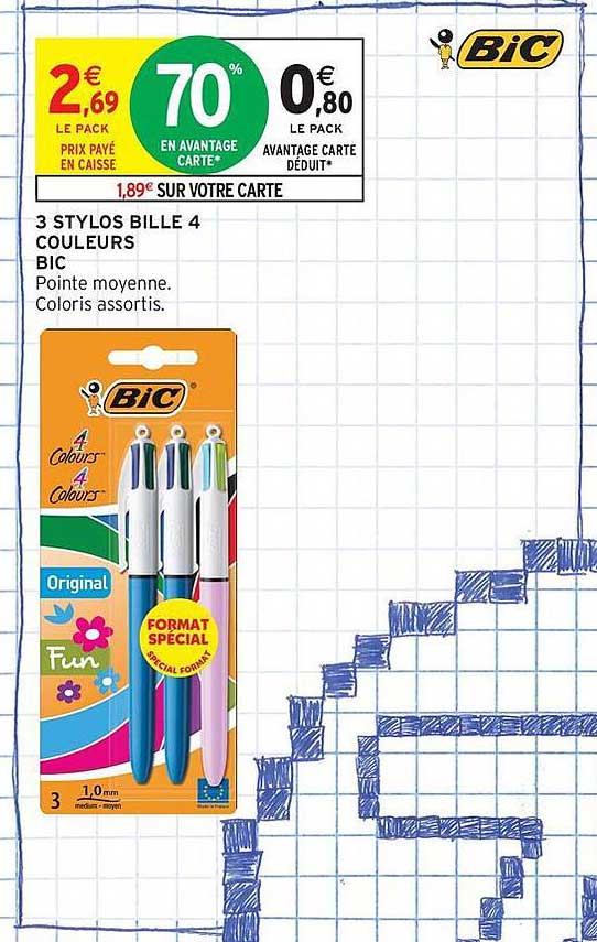 3 STYLOS BILLE 4 COULEURS BIC
