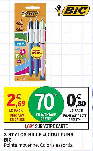 3 STYLOS BILLE 4 COULEURS BIC