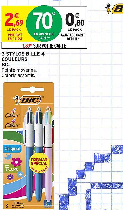 3 STYLOS BILLE 4 COULEURS BIC