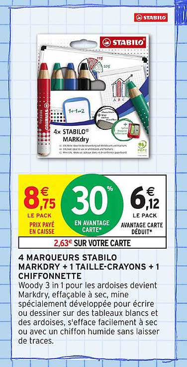 4 MARQUEURS STABILO MARKDRY + 1 TAILLE-CRAYONS + 1 CHIFFONNETTE