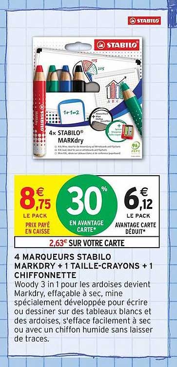 4 MARQUEURS STABILO MARKdry + 1 TAILLE-CRAYONS + 1 CHIFFONNETTE