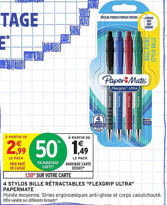 4 STYLOS BILLE RÉTRACTABLES "FLEXGRIP ULTRA" PAPERMATE