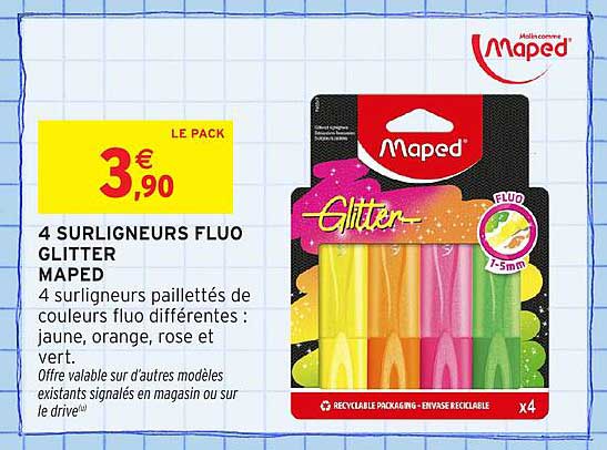 4 Surligneurs Fluo Glitter Maped