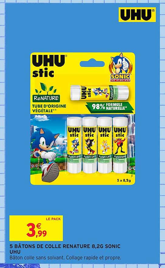 5 BÂTONS DE COLLE RENATURE 8,2G SONIC UHU