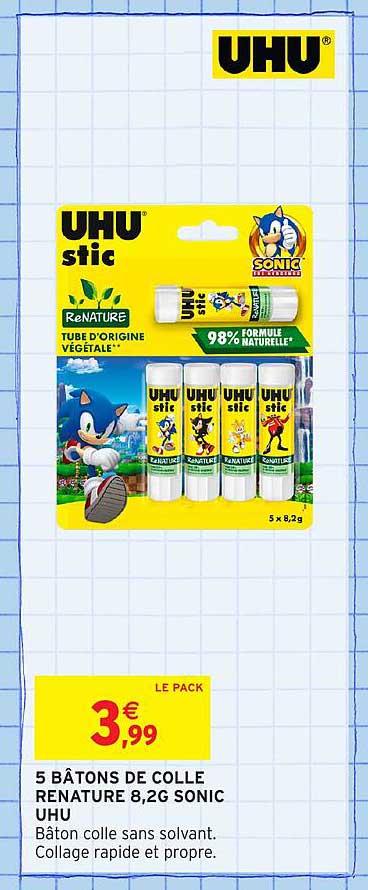 5 BÂTONS DE COLLE RENATURE 8,2G SONIC UHU