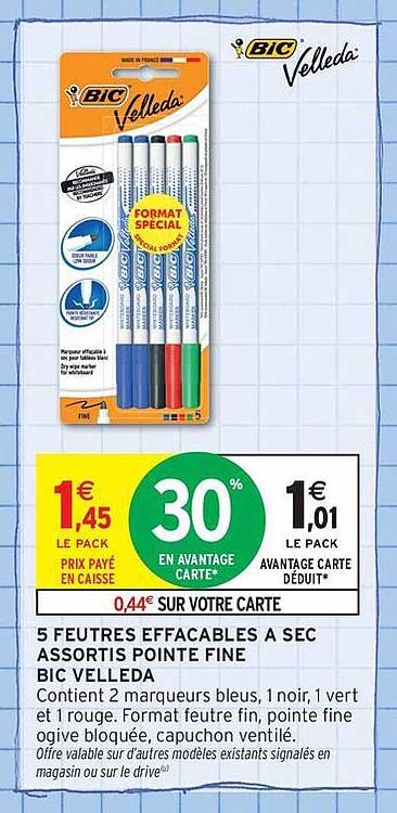 5 FEUTRES EFFACABLES A SEC ASSORTIS POINTE FINE BIC VELLEDA