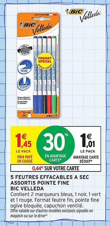 5 FEUTRES EFFACABLES A SEC ASSORTIS POINTE FINE BIC VELLEDA