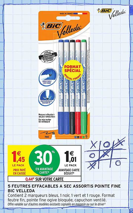 5 FEUTRES EFFACABLES A SEC ASSORTIS POINTE FINE BIC VELLEDA