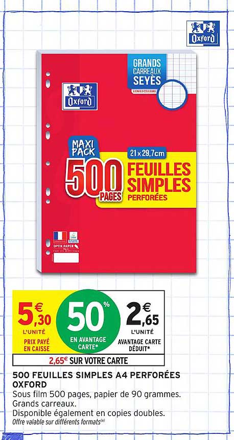 500 FEUILLES SIMPLES A4 PERFORÉES OXFORD