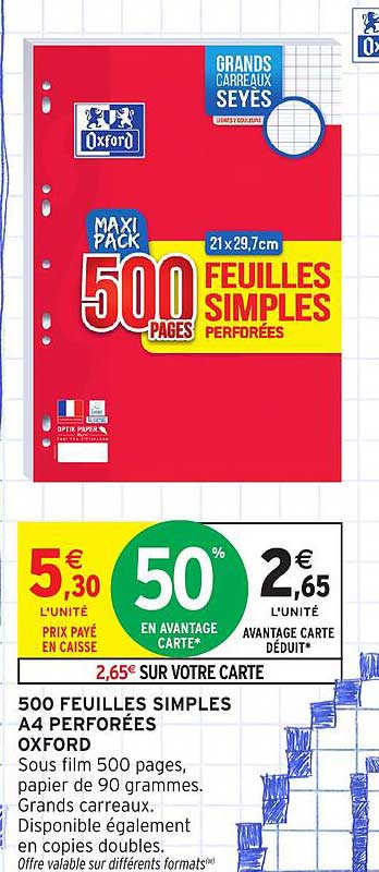 500 FEUILLES SIMPLES A4 PERFORÉES OXFORD