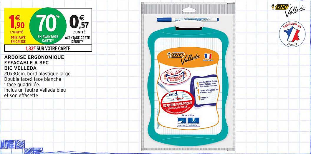 ARDOISE ERGONOMIQUE EFFACABLE A SEC BIC VELLEDA