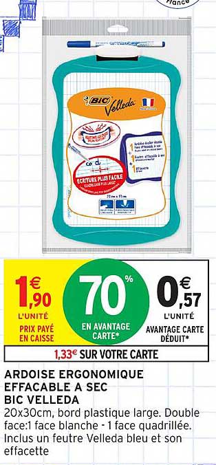 ARDOISE ERGONOMIQUE EFFACABLE A SEC BIC VELLEDA