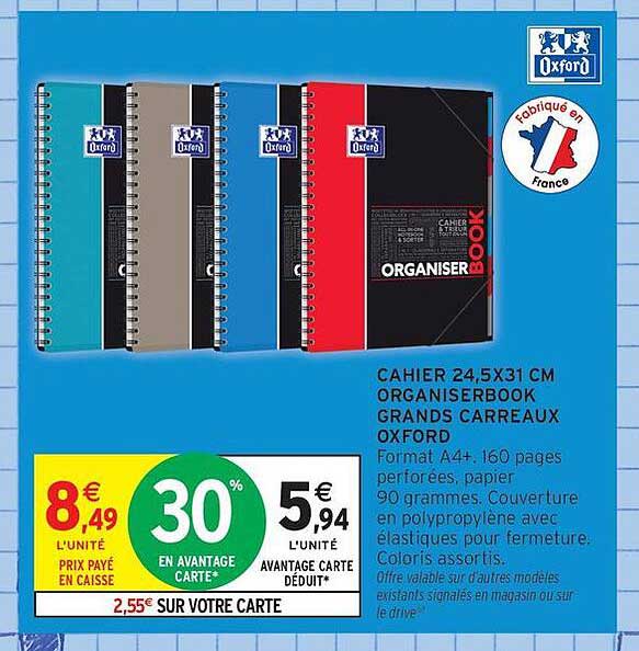 CAHIER 24,5X31 CM ORGANISERBOOK GRANDS CARREAUX OXFORD