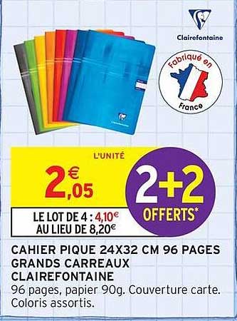 CAHIER PIQUE 24X32 CM 96 PAGES GRANDS CARREAUX CLAIREFONTAINE