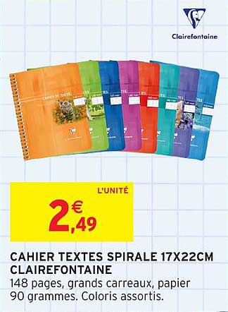 CAHIER TEXTES SPIRALE 17X22CM CLAIREFONTAINE