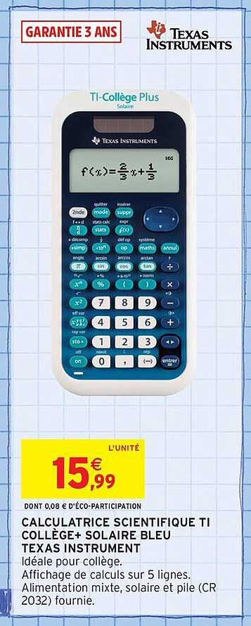 CALCULATRICE SCIENTIFIQUE TI COLLÈGE+ SOLAIRE BLEU TEXAS INSTRUMENT