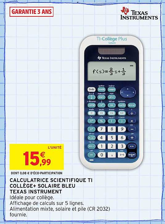 CALCULATRICE SCIENTIFIQUE TI COLLÉGE+ SOLAIRE BLEU TEXAS INSTRUMENT