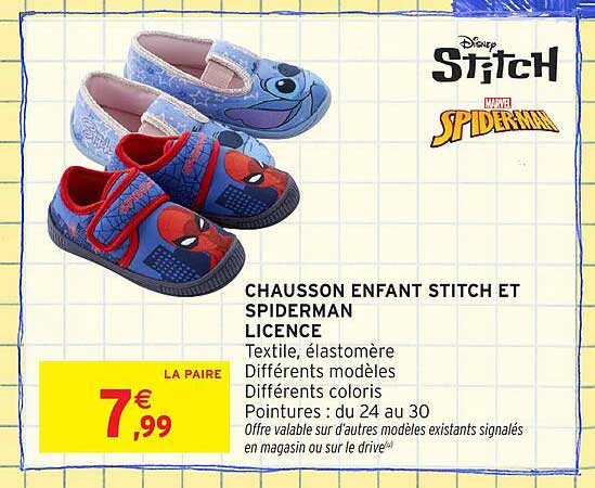 CHAUSSON ENFANT STITCH ET SPIDERMAN LICENCE
