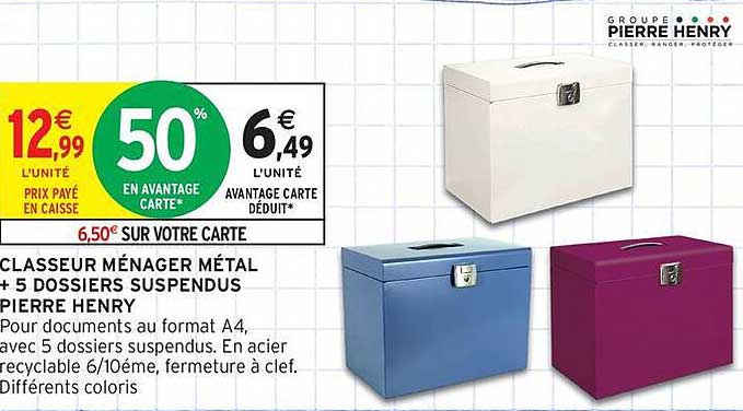 CLASSEUR MÉNAGER MÉTAL + 5 DOSSIERS SUSPENDUS PIERRE HENRY
