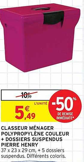 CLASSEUR MÉNAGER POLYPROPYLÈNE COULEUR + DOSSIERS SUSPENDUS PIERRE HENRY
