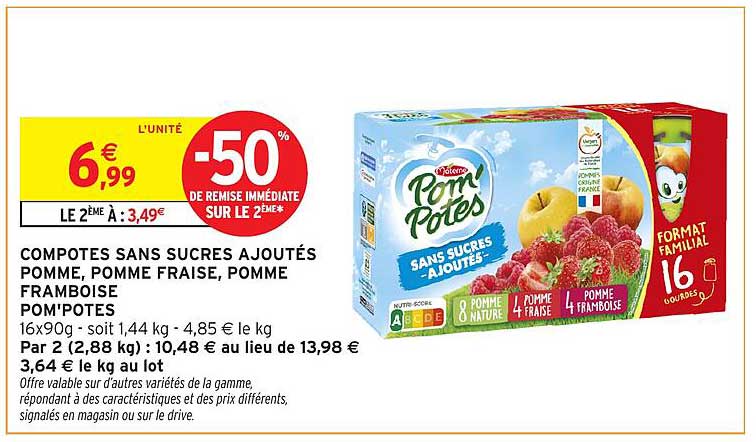 COMPOTES SANS SUCRES AJOUTÉS POMME, POMME FRAISE, POMME FRAMBOISE POM'POTES