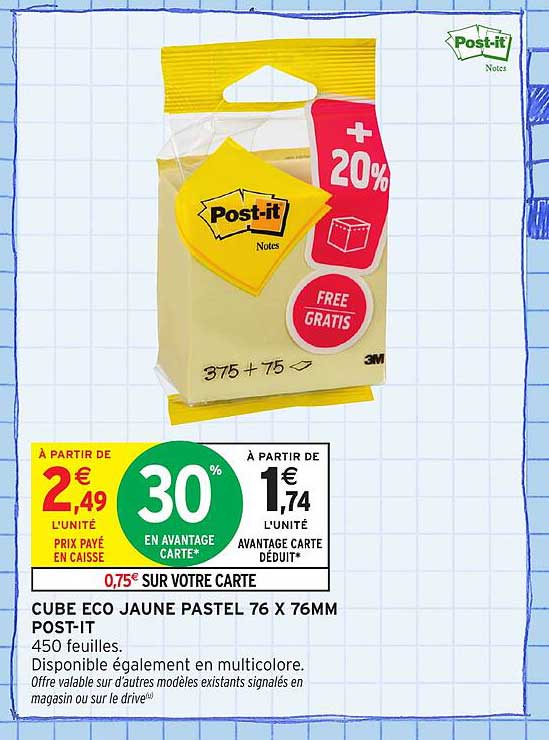 CUBE ECO JAUNE PASTEL 76 X 76MM POST-IT