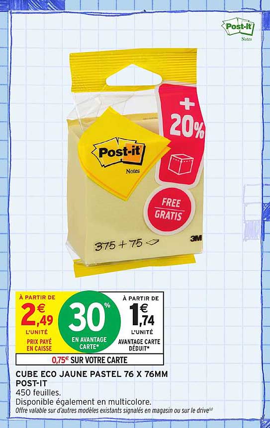 CUBE ECO JAUNE PASTEL 76 X 76MM POST-IT