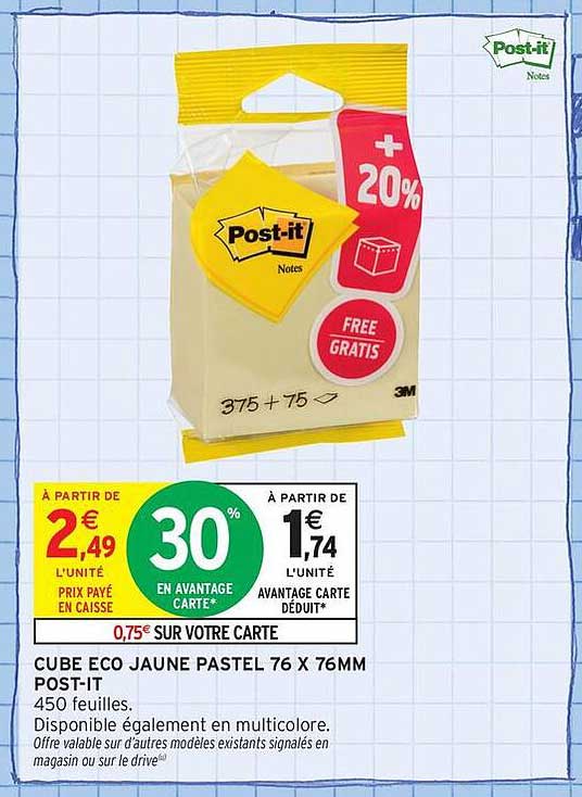 CUBE ECO JAUNE PASTEL 76 X 76MM POST-IT