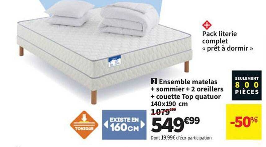 Ensemble matelas + sommier + 2 oreillers + couette Top quatuor 140x190 cm