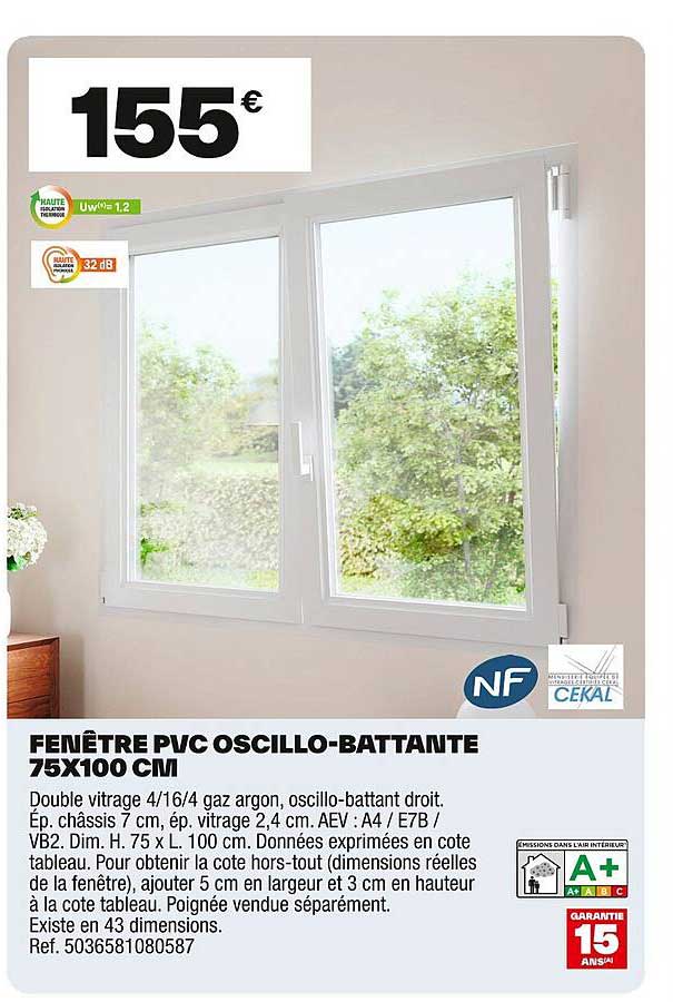 FENÊTRE PVC OSCILLO-BATTANTE 75X100 CM