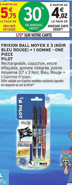 FRIXION BALL MOYEN X 3 (NOIR BLEU ROUGE) + 1 GOMME - ONE PIECE PILOT