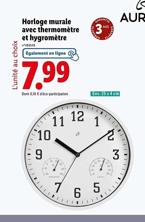 Horloge murale avec thermomètre et hygromètre