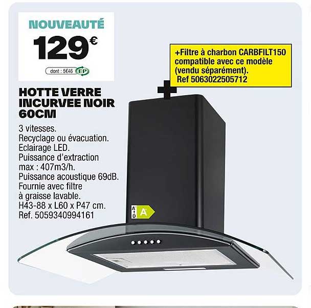 HOTE VERRE INCURVEE NOIR 60CM